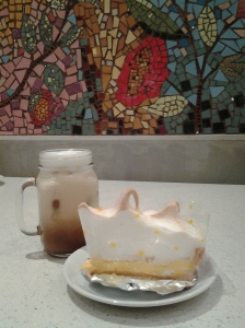 A cup of latte & A slice of lemon meringue tart!